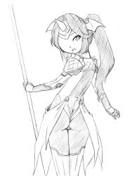 Rule 34 | 1girl, armor, ass, camel (dansen), fake horns, female focus, from behind, horns, looking back, monochrome, open mouth, original, polearm, ponytail, ryuhime (camel), solo, weapon