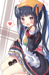 Rule 34 | 1girl, apron, asa no ha (awayuki), between legs, black hair, blue archive, blush, chocolate, clothes lift, commentary request, fuuka (blue archive), hair between eyes, heart, highres, lifted by self, looking at viewer, open mouth, orange hair, school uniform, shirt lift, solo, spoken heart
