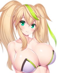 Rule 34 | 1girl, absurdres, arms at sides, asamura hiori, bare shoulders, bikini, blonde hair, breasts, cleavage, closed mouth, collarbone, colored eyelashes, fang, fang out, gene (pso2), green eyes, greyscale, hair between eyes, head tilt, highres, large breasts, lips, long hair, looking at viewer, monochrome, multicolored hair, phantasy star, phantasy star online 2, shiny skin, sidelocks, simple background, skindentation, smile, solo, strapless, strapless bikini, streaked hair, swimsuit, twintails, upper body, white background, white bikini