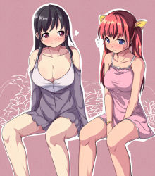 Rule 34 | 2girls, bare legs, bare shoulders, black hair, blue eyes, blush, bow, bracelet, breasts, cleavage, collarbone, female focus, frown, hair bow, hair ribbon, heart, jewelry, large breasts, long hair, long sleeves, multiple girls, open clothes, open shirt, original, red eyes, red hair, ribbon, saiste, shirt, simple background, sitting, sleeveless, smile, strap, sweatdrop, twintails