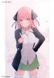 Rule 34 | 1girl, 6u (eternal land), absurdres, blush, bow, breasts, buttons, character name, closed mouth, collarbone, copyright name, fingernails, go-toubun no hanayome, gradient background, green skirt, hair bow, hair ornament, hand on own hip, hand up, highres, long sleeves, looking at viewer, medium breasts, medium hair, nakano nino, open clothes, page number, petals, pleated skirt, scan, shirt, short twintails, simple background, skirt, thighhighs, twintails, white shirt, zettai ryouiki