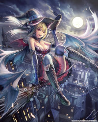 Rule 34 | 1girl, anbe yoshirou, bare shoulders, bat (animal), black gloves, black thighhighs, blonde hair, boots, breasts, broom, broom riding, cape, city, cleavage, demon girl, demon tail, demon wings, elbow gloves, full moon, gloves, halloween, hat, high heel boots, high heels, highres, horns, large breasts, looking at viewer, moon, official art, open mouth, pointy ears, red eyes, shinma x keishou! ragnabreak, smile, solo, tail, thighhighs, wings, witch, witch hat