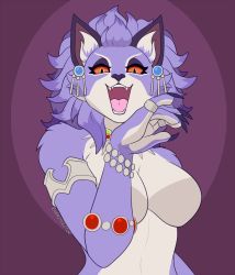 Rule 34 | 1girl, alternate form, animal ears, animated, animated gif, bracelet, breasts, cat ears, cat girl, cat tail, claws, colored sclera, earrings, energyvector, fangs, furry, isabella (seiken densetsu 3), jewelry, no nipples, ojou-sama pose, purple fur, purple hair, red sclera, seiken densetsu, seiken densetsu 3, slit pupils, tail