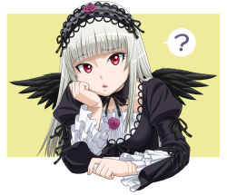 Rule 34 | 1girl, ?, black wings, blunt bangs, bonnet, confused, doll joints, feathers, flower, frills, gothic lolita, hairband, head rest, ichikawa masahiro, joints, lolita fashion, lolita hairband, rose, rozen maiden, silver hair, solo, suigintou, wings