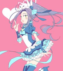 Rule 34 | 10s, 1girl, 7melon, animal, animal on head, bad id, bad pixiv id, blue footwear, blue skirt, boots, cat, cat on head, choker, cure beat, earrings, frills, hair ornament, heart, high heel boots, high heels, hummy (suite precure), jewelry, kurokawa eren, long hair, magical girl, on head, pink background, precure, purple hair, ribbon, seiren (suite precure), side ponytail, simple background, skirt, smile, solo, suite precure, thigh boots, thighhighs, very long hair, yellow eyes