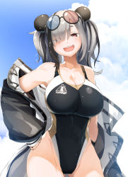 Rule 34 | 1girl, arknights, black coat, black one-piece swimsuit, blue sky, breasts, cloud, coat, collarbone, commentary request, competition swimsuit, contrapposto, covered navel, cowboy shot, eyewear on head, feater (arknights), gluteal fold, hand on own hip, large breasts, looking at viewer, meth (emethmeth), multicolored coat, one-piece swimsuit, open clothes, open coat, open mouth, panda, round eyewear, round teeth, sky, smile, solo, sunglasses, swimsuit, teeth, twintails, two-tone coat, upper teeth only, wet, wet clothes