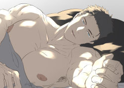 Rule 34 | 1boy, armpit hair, artist name, black hair, blue eyes, collarbone, gradient background, kanzaki kyoudai no nichijou, kanzaki sorahiko, locksuke, male focus, morning, muscular, muscular male, nipples, on bed, outstretched arm, parted lips, pectorals, pillow, pov across bed, scar, scar on face, short hair, smile, topless male, twitter username, under covers, very short hair