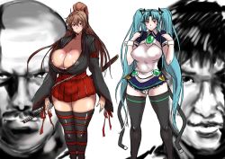 Rule 34 | 2boys, 2girls, absurdres, akikusa peperon, aqua hair, areola slip, black legwear, breasts, brown eyes, brown hair, character request, cleavage, curvy, hatsune miku, highres, huge breasts, katana, large breasts, long hair, long twintails, miniskirt, multiple boys, multiple girls, panties, ponytail, see-through, skirt, small nipples, source request, standing, sword, thighhighs, twintails, underwear, vocaloid, weapon
