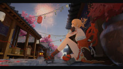 Rule 34 | 1girl, absurdres, ame999, architecture, arm tattoo, bandaged arm, bandaged hand, bandaged leg, bandages, blonde hair, breasts, east asian architecture, fingerless gloves, fireworks, flower pot, from below, genshin impact, gloves, hair between eyes, hair ornament, hand on own cheek, hand on own face, highres, japanese clothes, kimono, kneehighs, lantern, letterboxed, looking up, obi, orange kimono, outdoors, ponytail, sarashi, sash, scenery, single bare arm, single fingerless glove, single kneehigh, single sock, sitting, sky, socks, tattoo, thighs, yellow eyes, yoimiya (genshin impact)