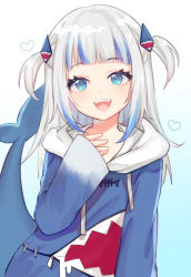 Rule 34 | 1girl, animal hood, blue eyes, commentary, english commentary, fins, fish bone, fish tail, gawr gura, gawr gura (1st costume), hair ornament, heart, highres, hololive, hololive english, hood, hoodie, long hair, looking at viewer, open mouth, ruru (lamourouge), shark tail, simple background, solo, tail, teeth, virtual youtuber, white background, white hair