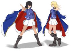Rule 34 | 2girls, absurdres, andou (girls und panzer), bc freedom military uniform, black eyes, black footwear, black hair, blonde hair, blue cape, blue eyes, blue jacket, blue vest, boots, brown eyes, cape, closed mouth, commentary, dark-skinned female, dark skin, dress shirt, epaulettes, french commentary, girls und panzer, grin, hand on own hip, heel up, high collar, highres, holding, jacket, knee boots, long sleeves, looking at viewer, marie (girls und panzer), medium hair, messy hair, military, military uniform, miniskirt, mixed-language commentary, multiple girls, oshida (girls und panzer), pleated skirt, pointing, pointing at viewer, reaching, reaching towards viewer, red cape, shadow, shibainutank, shirt, simple background, skirt, smile, standing, two-sided cape, two-sided fabric, uniform, vest, white background, white shirt, white skirt