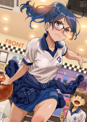 Rule 34 | 1boy, 1girl, artist logo, ball, blue hair, bowling ball, bra, brown hair, can, clothes around waist, coca-cola, collarbone, drink can, glasses, gym uniform, highres, holding, holding can, jacket, jacket around waist, long hair, looking at another, open mouth, original, pairan, ponytail, see-through, see-through shirt, shirt, short shorts, shorts, socks, soda can, sweatdrop, track jacket, underwear, yellow eyes