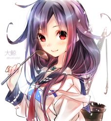 Rule 34 | 10s, 1girl, apron, bad id, bad pixiv id, crane (machine), hair tubes, kantai collection, ladle, long hair, looking at viewer, low twintails, machinery, magatama, neckerchief, purple hair, puuko (iberiko neko), red eyes, smile, solo, taigei (kancolle), twintails, upper body, whale