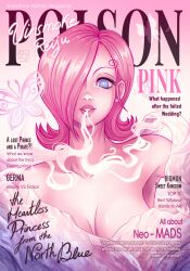 Rule 34 | 1girl, absurdres, breasts, bug, butterfly, cleavage, commentary, cover, curly eyebrows, dress, english commentary, english text, fake magazine cover, hair over one eye, highres, insect, large breasts, looking at viewer, magazine cover, one piece, pink hair, pink lips, short hair, shuravf, smoke, solo, upper body, vinsmoke reiju, white dress