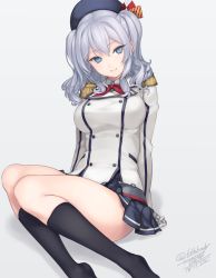 Rule 34 | 10s, 1girl, 2015, arm support, artist name, ascot, beret, black socks, blue eyes, breasts, buttons, dated, double-breasted, epaulettes, female focus, gradient background, grey background, hat, head tilt, jacket, kantai collection, kashima (kancolle), kneehighs, large breasts, leaning back, legs, looking at viewer, military jacket, miniskirt, pleated skirt, rokuwata tomoe, signature, silver hair, sitting, skirt, smile, socks, solo, thighs, tsurime, twitter username, two side up