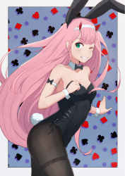 Rule 34 | 10s, 1girl, alternate costume, animal ears, bare shoulders, black bow, black bowtie, black pantyhose, blunt bangs, bow, bowtie, breasts, cleavage, darling in the franxx, detached collar, fake animal ears, green eyes, grin, highres, horns, horns through headwear, leotard, long hair, looking at viewer, medium breasts, one eye closed, outside border, pantyhose, pink hair, playboy bunny, rabbit ears, rabbit tail, smile, solo, tail, uneg, very long hair, wrist cuffs, zero two (darling in the franxx)