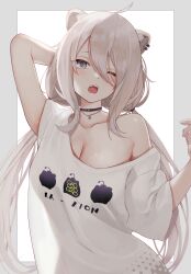 Rule 34 | 1girl, absurdres, ahoge, animal ears, arm behind head, arm up, bare arms, breasts, buket pudding i, cleavage, collarbone, commentary, drooling, ear piercing, fang, grey eyes, hair between eyes, hand up, highres, hololive, large breasts, lion ears, lion girl, lion tail, long hair, looking at viewer, off shoulder, one eye closed, open mouth, piercing, see-through silhouette, shirt, shishiro botan, shishiro botan (casual), single bare shoulder, solo, tail, teeth, upper body, upper teeth only, virtual youtuber, white hair, white shirt