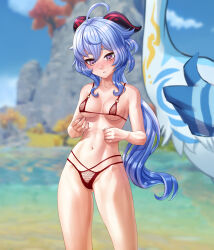 Rule 34 | 1girl, 3d background, bird, blue hair, blue sky, blurry, blurry background, blush, bra, breasts, cleavage, cleft of venus, clothes hanger, cloud, cloud retainer (genshin impact), cloudy sky, collarbone, commentary, covered erect nipples, crane (animal), depth of field, embarrassed, english commentary, ganyu (genshin impact), genshin impact, gluteal fold, goat horns, groin, hair between eyes, head tilt, highres, horns, lingerie, long hair, low ponytail, luizhtx, medium breasts, micro bra, micro panties, navel, nude, panties, pants, parted lips, red bra, red pants, see-through bikini, sidelocks, sky, solo focus, stomach, towel, underwear, water, xianyun (genshin impact)