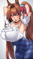 Rule 34 | 1girl, absurdres, animal ears, armpits, arms behind head, blush, breasts, brown hair, daiwa scarlet (umamusume), fang, hair intakes, highres, horse ears, large breasts, long hair, looking at viewer, open mouth, red eyes, sd bigpie, skirt, solo, tongue, twintails, umamusume, very long hair