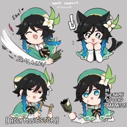 Rule 34 | !, 1boy, anger vein, animal ears, artist name, black hair, blue eyes, blue hair, bottle, braid, broken, broken bottle, cape, cat boy, cat ears, cat tail, closed eyes, disgust, english text, flower, frilled sleeves, frills, genshin impact, gradient hair, green hat, grey background, hair flower, hair ornament, hat, highres, holding, holding instrument, instrument, leaf, long hair, long sleeves, looking at viewer, lyre, male focus, meme, multicolored hair, open mouth, sashacall, simple background, smile, solo, tail, tearing up, trap, twin braids, venti (genshin impact), watermark, white flower