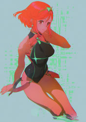 Rule 34 | 1girl, bare arms, bare shoulders, black one-piece swimsuit, breasts, chest jewel, competition swimsuit, feet out of frame, highres, large breasts, one-piece swimsuit, pyra (pro swimmer) (xenoblade), pyra (xenoblade), red eyes, red hair, short hair, soaking feet, solo, sunnycomplex, swept bangs, swimsuit, tiara, xenoblade chronicles (series), xenoblade chronicles 2