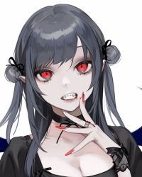 Rule 34 | 1girl, black choker, black dress, black hair, black ribbon, blood, blood on face, braces, breasts, choker, cleavage, collarbone, commentary request, double bun, dress, fangs, finger to own chin, fingernails, grin, hair bun, hair ribbon, hand up, highres, jewelry, long fingernails, long hair, looking at viewer, nail polish, ohisashiburi, original, red eyes, red nails, ribbon, ring, side bun, simple background, single side bun, smile, solo, teeth, upper body, white background