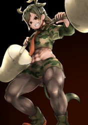 Rule 34 | 10s, 1girl, abs, animal ears, aurochs (kemono friends), black pantyhose, brown eyes, brown hair, camouflage, camouflage shirt, camouflage skirt, charnoe, clenched teeth, collared shirt, commentary request, crop top, cropped shirt, dark-skinned female, dark skin, empty eyes, exercising, extra ears, from below, full body, gazelle ears, gazelle tail, gluteal fold, green footwear, green hair, green shirt, green skirt, hands up, highres, horns, kemono friends, layered sleeves, long sleeves, looking down, midriff, miniskirt, multicolored hair, muscular, muscular female, navel, necktie, pantyhose, parted bangs, red necktie, shirt, shoes, short hair, short over long sleeves, short sleeves, side slit, skirt, solo, standing, stomach, tail, teeth, thick thighs, thighs, two-tone hair, upskirt, v-shaped eyebrows, weightlifting, weights, wing collar