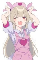 Rule 34 | 1girl, ;d, apron, arms up, blonde hair, collared dress, dress, fang, hair ornament, hashtag-only commentary, hat, heart, heart print, highres, long hair, looking at viewer, natori sana, nurse cap, one eye closed, open mouth, pink apron, pink hat, puffy short sleeves, puffy sleeves, rabbit hair ornament, rabbit pose, red eyes, rkgk tr, sana channel, shirt, short sleeves, simple background, skin fang, smile, solo, two side up, virtual youtuber, white background, white dress
