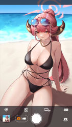Rule 34 | 1girl, absurdres, aru (blue archive), beach, bikini, black bikini, blue archive, breasts, cleavage, day, eyewear on head, full body, halo, halterneck, highres, horns, jewelry, large breasts, long hair, looking at viewer, mari0ball, navel, necklace, orange eyes, outdoors, parted lips, pink hair, sitting, smile, solo, string bikini, sunglasses, swimsuit, very long hair, viewfinder, wet