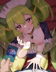 Rule 34 | 1girl, absurdres, apron, bakomiya, blush, breasts, bulge, card, dragon girl, dragon horns, dragon tail, dragonmaid (yu-gi-oh!), duel monster, erection, erection under clothes, green hair, hand on another&#039;s penis, heart, heart-shaped pupils, highres, horns, hypnosis, kneeling, large breasts, looking at viewer, maid, maid apron, maid headdress, mind control, nipples, parlor dragonmaid, pov, puffy short sleeves, puffy sleeves, short sleeves, symbol-shaped pupils, tail, tongue, tongue out, wrist cuffs, yellow legwear, yu-gi-oh!