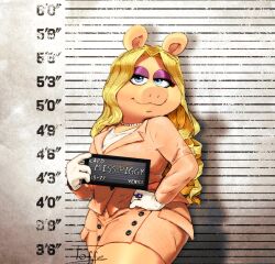 Rule 34 | 1girl, barbie mugshot (meme), blonde hair, blue eyes, character name, english text, furry, furry female, gloves, hand on own hip, imtoffe, jacket, jewelry, long hair, looking at viewer, meme, miss piggy, mugshot, muppets, necklace, pig girl, pink jacket, pink skirt, ring, shirt, signature, skirt, solo, white gloves, white shirt