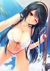 Rule 34 | 10s, 1girl, ;), adapted costume, animal, beach umbrella, bent over, bikini, bird, black hair, blue sky, blush, breasts, brown eyes, cleavage, closed mouth, collarbone, day, covered erect nipples, from below, hanging breasts, haruna (kancolle), hose, ichikawa noa, kantai collection, large breasts, long hair, looking at viewer, navel, one eye closed, outdoors, palm tree, pink lips, plant, sexually suggestive, sky, smile, solo, standing, stomach, swimsuit, thighs, tree, trigger discipline, umbrella, very long hair, water, water drop, water gun, wet, white bikini