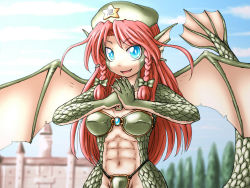 Rule 34 | 1girl, abs, beret, blue eyes, bow, bra, braid, claws, colored skin, dragon girl, fangs, fist in hand, granberia, green bow, green bra, green skin, hair bow, hat, hat ornament, hong meiling, long hair, mon-musu quest!, monster girl, muscular, muscular female, panties, red hair, scales, scarlet devil mansion, shirosato, side braid, simple background, solo, speech bubble, star (symbol), star hat ornament, touhou, twin braids, underwear, white background