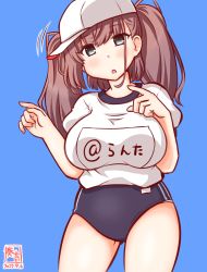 Rule 34 | 1girl, alternate costume, artist logo, atlanta (kancolle), baseball cap, blue background, blue buruma, breasts, brown hair, buruma, commentary request, cowboy shot, dated, grey eyes, gym shirt, gym uniform, hat, index fingers raised, kanon (kurogane knights), kantai collection, large breasts, long hair, name connection, one-hour drawing challenge, shirt, simple background, solo, standing, t-shirt, two side up, white hat, white shirt