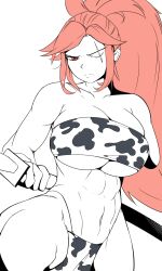 Rule 34 | 1girl, animal print, baiken, breasts, cleavage, coco, cow print, cowboy shot, ears, female focus, guilty gear, highres, holding, holding sword, holding weapon, large breasts, long hair, looking at viewer, muscular, muscular female, navel, one eye closed, pink eyes, pink hair, ponytail, red eyes, scar, scar across eye, solo, strapless, sword, underboob, weapon, white background, wink