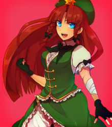 Rule 34 | 1girl, bandages, blue eyes, braid, chinese clothes, female focus, fingerless gloves, gloves, hat, hong meiling, lgw7, long hair, open mouth, puffy sleeves, red hair, short sleeves, solo, star (symbol), touhou, twin braids