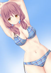 Rule 34 | 10s, 1girl, armpits, arms up, bikini, blue sky, blush, breasts, cleavage, cloak, dutch angle, groin, halterneck, harukana receive, hip focus, large breasts, light smile, looking to the side, menonune, navel, oozora haruka (harukana receive), plaid, plaid bikini, sky, solo, swimsuit, white cloak