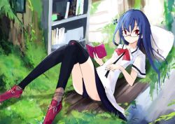 Rule 34 | 1girl, adapted costume, bespectacled, black thighhighs, blue hair, book, bookshelf, bow, dress, full body, glasses, hinanawi tenshi, holding, holding book, long hair, lying, no headwear, on back, pillow, red bow, red eyes, red footwear, shoes, short sleeves, solo, tetsurou (fe+), thighhighs, touhou, white dress, wing collar