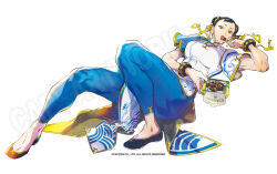 Rule 34 | 1girl, black hair, blue pants, bracelet, candy, capcom, chinese clothes, chun-li, copyright notice, double bun, eating, flats, food, hair bun, hair ribbon, jewelry, kinoko no yama, lying, official art, on back, pants, pelvic curtain, ribbon, simple background, solo, street fighter, street fighter 6, tamio, tight clothes, tight pants