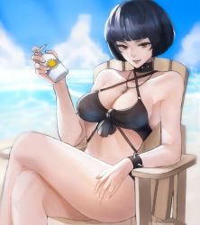 Rule 34 | 1girl, beach, bikini, black hair, blue sky, blunt bangs, bracelet, breasts, chair, cleavage, crossed legs, highres, holding, jewelry, medium breasts, necklace, ocean, open mouth, outdoors, persona, persona 5, short hair, sitting, sky, smile, solo, spiked bracelet, spikes, swimsuit, takemi tae, tommy (kingdukeee)