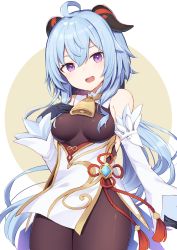 Rule 34 | absurdres, ahoge, bare shoulders, bell, black gloves, black legwear, blue hair, breasts, chinese knot, cowboy shot, curled horns, detached sleeves, flower knot, ganyu (genshin impact), genshin impact, gloves, gold trim, hand on own chest, highres, horns, long hair, looking at viewer, medium breasts, neck bell, purple eyes, sidelocks, simple background, smile, solo, tassel, very long hair, vision (genshin impact), white sleeves, yukarite