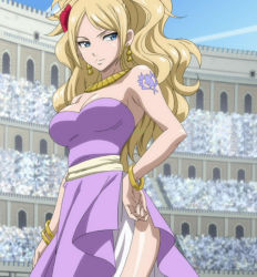 Rule 34 | 1girl, bare shoulders, blonde hair, blue eyes, breasts, cleavage, earrings, fairy tail, flower, hair flower, hair ornament, highres, jenny realight, jewelry, large breasts, long hair, necklace, screencap, standing, stitched, tattoo, third-party edit