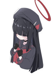 Rule 34 | 1girl, absurdres, beret, black gloves, black hair, blue archive, blush, clenched hands, closed eyes, gloves, hat, highres, hime cut, justice task force member (blue archive), long hair, ocha (popopogg), school uniform, serafuku, simple background, sketch, solo, sweatdrop, white background
