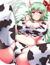 Rule 34 | 1girl, alternate costume, animal print, ass, bare shoulders, belly, blush, bow, bra, breasts, breasts apart, cameltoe, cat cutout, cat ear panties, cat lingerie, cleavage, cleavage cutout, closed mouth, clothing cutout, covered erect nipples, cow print, ex-keine, frilled bra, frills, green hair, highres, horn bow, horn ornament, horns, index finger raised, kamishirasawa keine, large breasts, long hair, looking at viewer, meme attire, navel, panties, print bra, print panties, print thighhighs, red bow, red eyes, smile, solo, spread legs, stomach, tail, thighhighs, touhou, underwear, underwear only, white background, zan (harukahime)