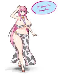 Rule 34 | 1girl, animal ears, animal print, bell, bikini, breasts, cleavage, collar, cow ears, cow print, cowbell, english text, fake animal ears, fake horns, highres, horns, huge breasts, isel, long hair, neck bell, ninlil, o-ring, o-ring bikini, o-ring bottom, o-ring top, open mouth, original, pink hair, purple eyes, sarong, simple background, solo, swimsuit, very long hair, wide hips