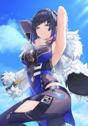 Rule 34 | 1girl, absurdres, armpits, arms behind head, arms up, asymmetrical bangs, asymmetrical sleeves, bare arms, bead choker, blunt bangs, braid, breasts, clothing cutout, cloud, coat, dice, earrings, fur-trimmed coat, fur trim, genshin impact, green eyes, highres, jewelry, looking at viewer, medium breasts, mismatched sleeves, mole, mole on breast, norishiro (user vxhe7447), parted lips, short hair, sidelocks, sky, smile, solo, tassel, thigh cutout, waist cutout, white coat, yelan (genshin impact)