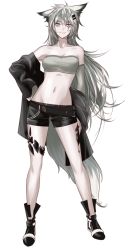 Rule 34 | 1girl, animal ears, ankle boots, arknights, bad id, bad pixiv id, bandeau, bare legs, bare shoulders, belt, black belt, black footwear, black jacket, black shorts, boots, breasts, cleavage, collarbone, commentary, full body, grey eyes, groin, hair between eyes, hair ornament, hairclip, jacket, lappland (arknights), lim aya w, long hair, looking at viewer, material growth, medium breasts, midriff, navel, off shoulder, oripathy lesion (arknights), scar, scar across eye, scar on face, short shorts, shorts, silver hair, simple background, smile, solo, standing, stomach, strapless, tail, thighs, tube top, very long hair, white background, wolf ears, wolf tail