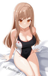 Rule 34 | 1girl, absurdres, anniversary, arm support, bare shoulders, black one-piece swimsuit, breasts, closed mouth, collarbone, covered navel, ekarisu, goddess of victory: nikke, highleg, highleg swimsuit, highres, large breasts, light blush, light brown hair, long hair, looking at viewer, official alternate costume, one-piece swimsuit, orange eyes, rapi (classic vacation) (nikke), rapi (nikke), sitting, smile, solo, swimsuit, two-tone swimsuit