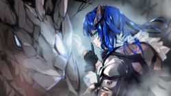 Rule 34 | 1girl, arknights, asymmetrical gloves, black gloves, black jacket, blue eyes, blue hair, commentary request, demon horns, detached wings, dragon, energy wings, finger to mouth, from behind, fur-trimmed hood, fur trim, gloves, halo, hellnyaa, highres, hood, hooded jacket, horns, index finger raised, jacket, long hair, long sleeves, looking at viewer, looking back, mismatched gloves, mostima (arknights), shirt, shushing, smile, solo, upper body, white gloves, white shirt, wings