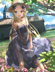 Rule 34 | 1girl, abigail williams (fate), black bow, blonde hair, blue eyes, blush, bow, breasts, dress, fate/grand order, fate (series), forehead, hair bow, hat, highres, long hair, looking at viewer, multiple hair bows, open mouth, orange bow, outdoors, parted bangs, sakazakinchan, see-through, see-through dress, small breasts, smile, solo, thighs